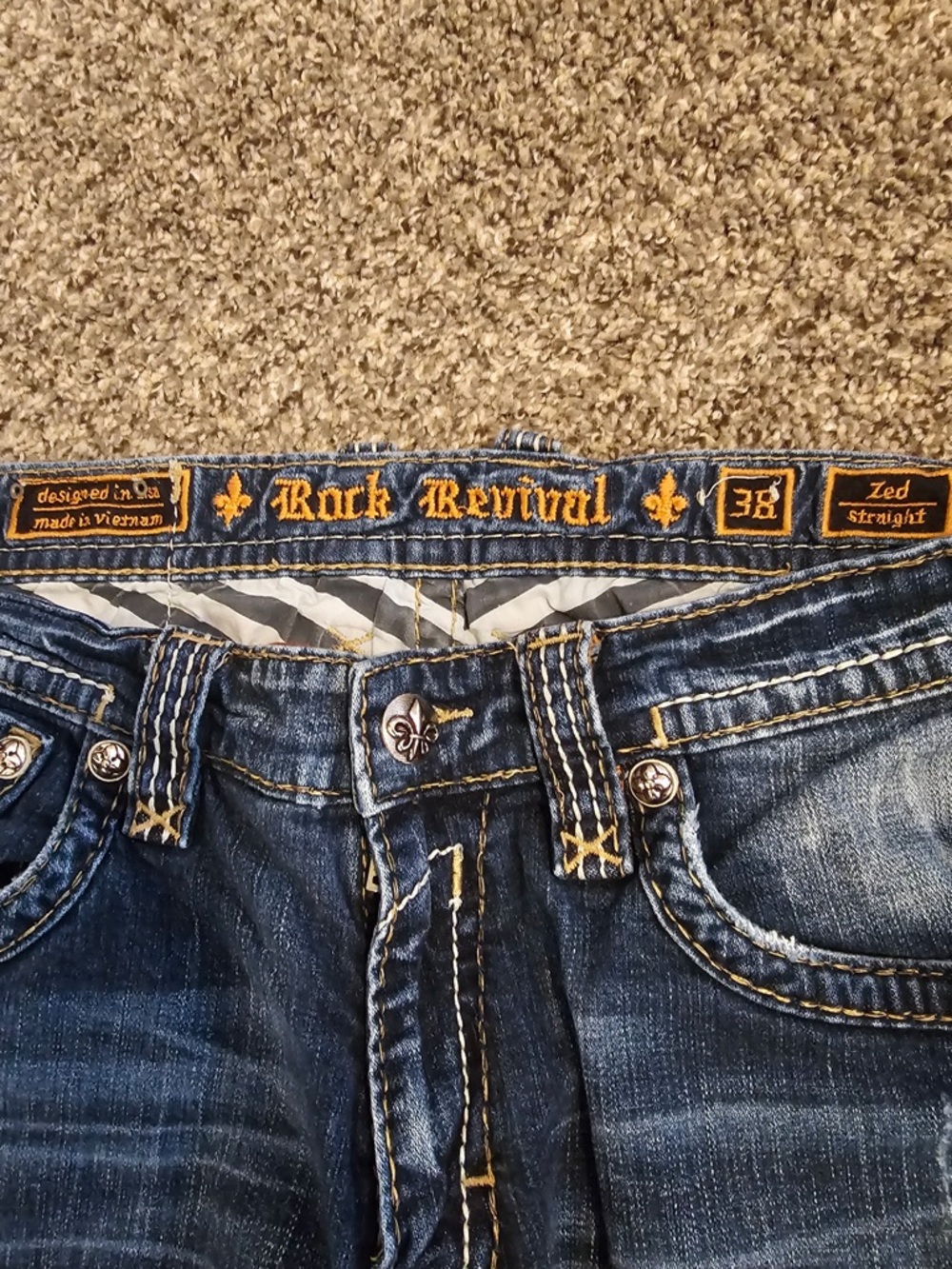 Rock Revival Men's Straight Jeans in Distressed Blue with Gold Stitching 38x34